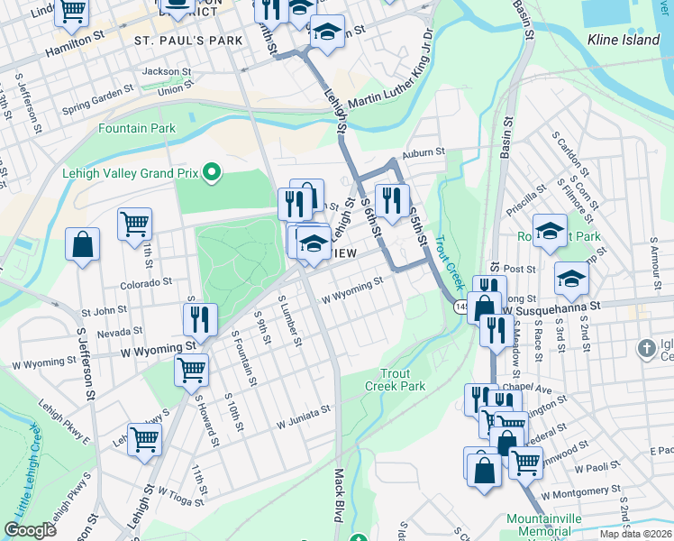 map of restaurants, bars, coffee shops, grocery stores, and more near 730 Saint John Street in Allentown