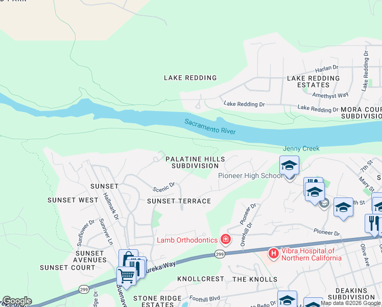 map of restaurants, bars, coffee shops, grocery stores, and more near 834 Palatine Court in Redding