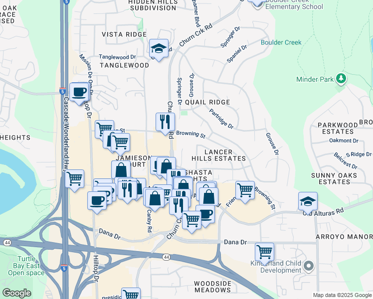 map of restaurants, bars, coffee shops, grocery stores, and more near 1119 Brandon Court in Redding