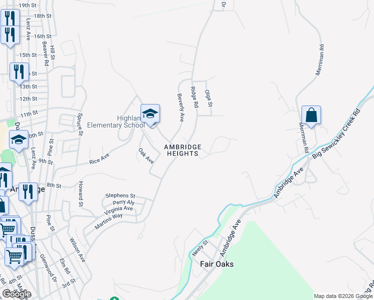 map of restaurants, bars, coffee shops, grocery stores, and more near 906 Ridge Road in Ambridge