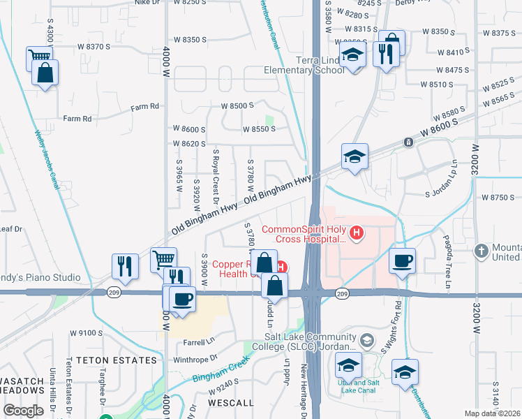 map of restaurants, bars, coffee shops, grocery stores, and more near 3752 Valley West Drive in West Jordan