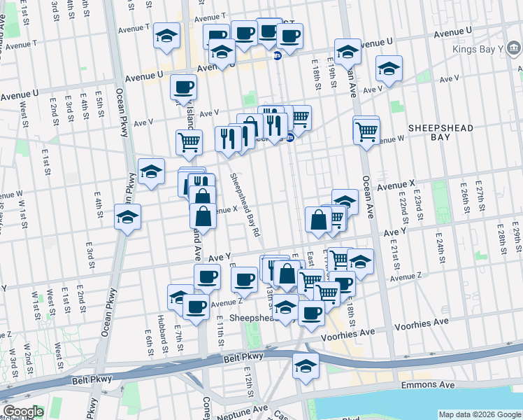 map of restaurants, bars, coffee shops, grocery stores, and more near 2431 East 14th Street in Brooklyn