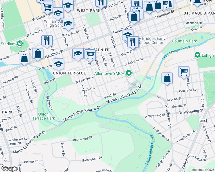 map of restaurants, bars, coffee shops, grocery stores, and more near 418 South West Street in Allentown