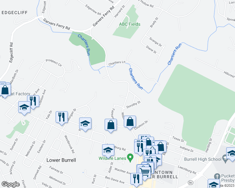 map of restaurants, bars, coffee shops, grocery stores, and more near 461 Hartford Square in Lower Burrell