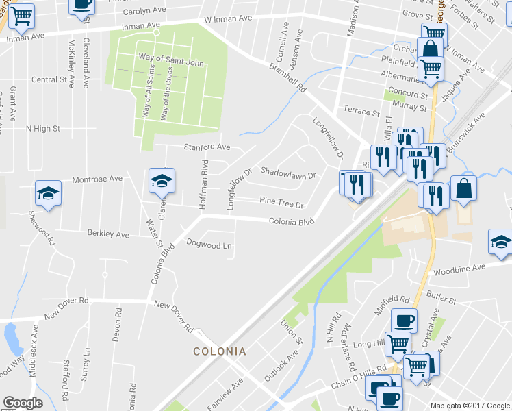map of restaurants, bars, coffee shops, grocery stores, and more near 30 Pine Tree Drive in Woodbridge Township