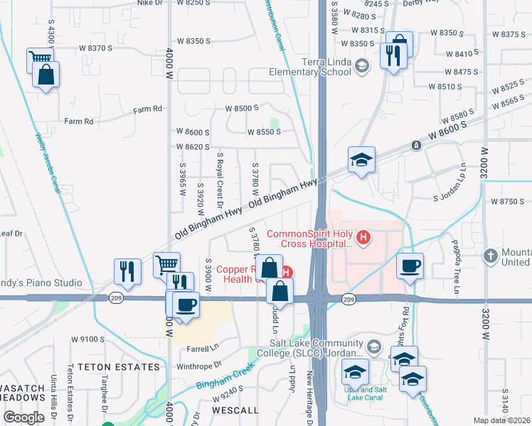 map of restaurants, bars, coffee shops, grocery stores, and more near 3752 Valley West Drive in West Jordan