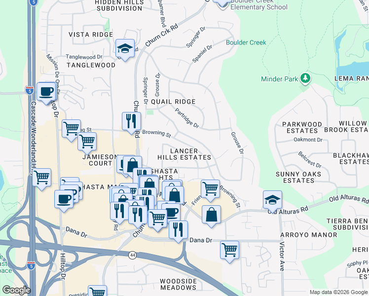 map of restaurants, bars, coffee shops, grocery stores, and more near 1046 Burton Drive in Redding