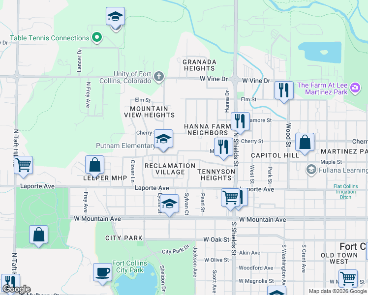 map of restaurants, bars, coffee shops, grocery stores, and more near 1253 Maple Street in Fort Collins