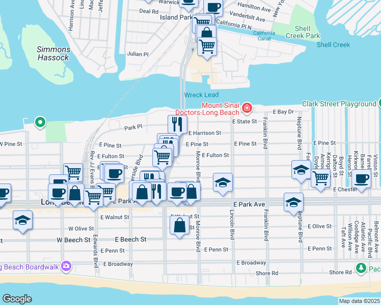 map of restaurants, bars, coffee shops, grocery stores, and more near 240 East Fulton Street in Long Beach