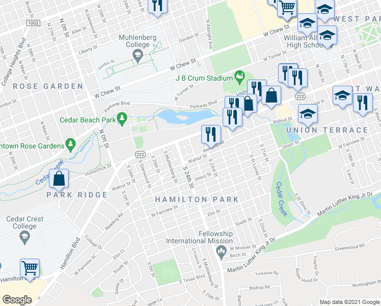 map of restaurants, bars, coffee shops, grocery stores, and more near 30 South Berks Street in Allentown