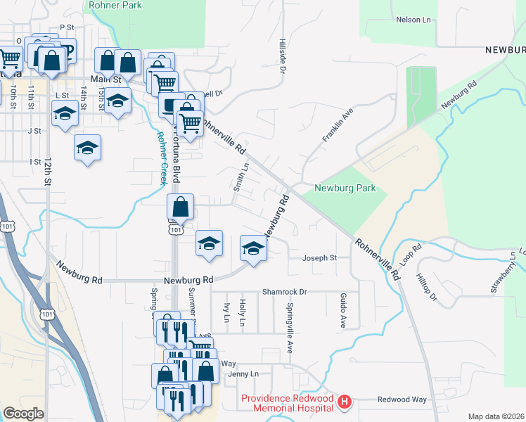 map of restaurants, bars, coffee shops, grocery stores, and more near 2435 Newburg Road in Fortuna