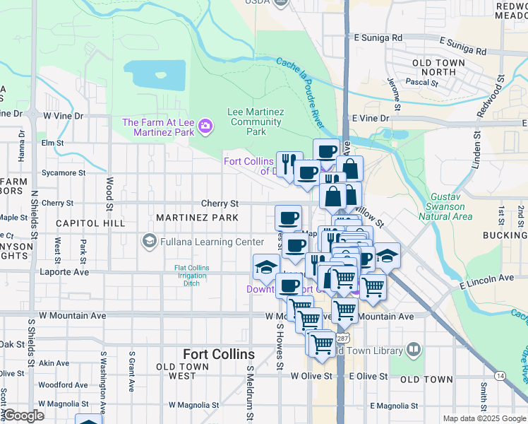 map of restaurants, bars, coffee shops, grocery stores, and more near 311 North Howes Street in Fort Collins
