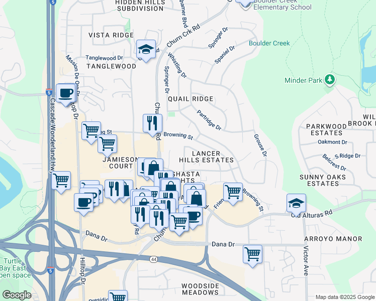 map of restaurants, bars, coffee shops, grocery stores, and more near 1141 Burton Drive in Redding