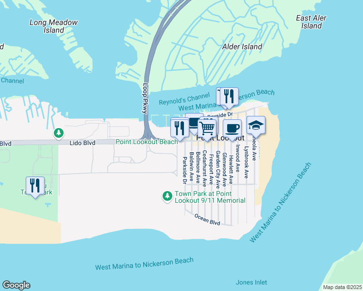 map of restaurants, bars, coffee shops, grocery stores, and more near 54 Parkside Road Drive in Point Lookout