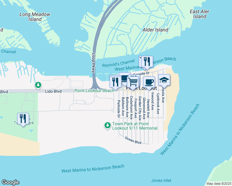 map of restaurants, bars, coffee shops, grocery stores, and more near 54 Parkside Road Drive in Point Lookout