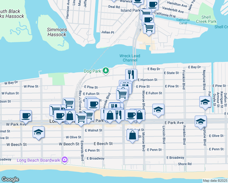 map of restaurants, bars, coffee shops, grocery stores, and more near 140 East Fulton Street in Long Beach