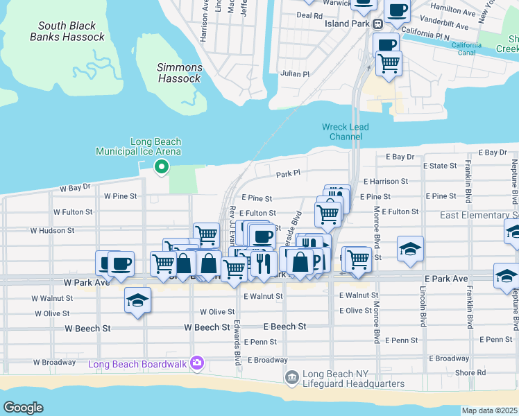 map of restaurants, bars, coffee shops, grocery stores, and more near 60 East Fulton Street in Long Beach