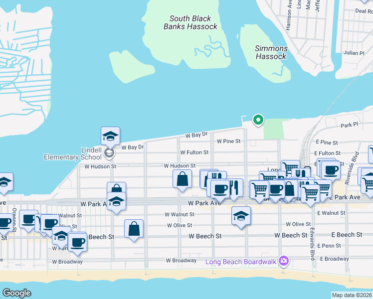 map of restaurants, bars, coffee shops, grocery stores, and more near 380 West Fulton Street in Long Beach