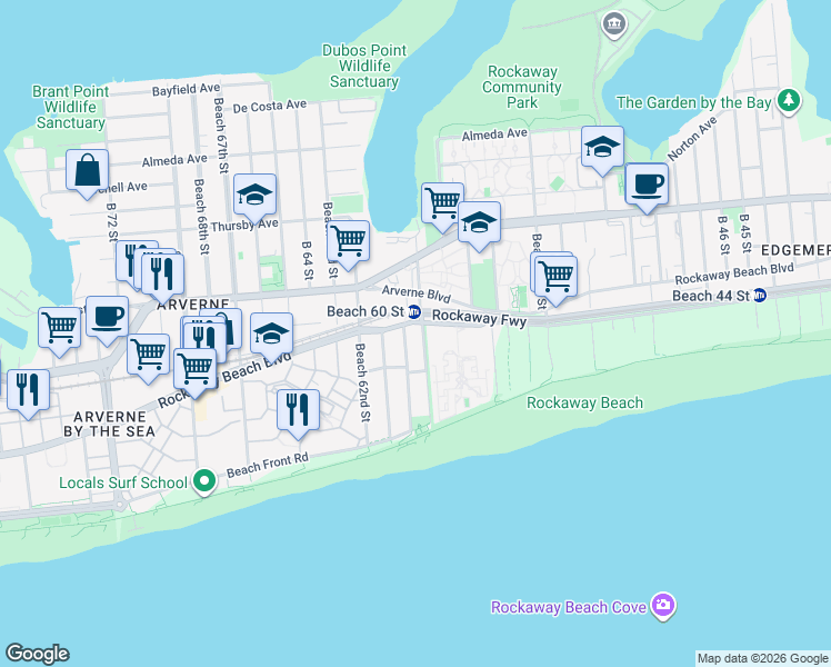 map of restaurants, bars, coffee shops, grocery stores, and more near 1-84 Beach 60th Street in Queens