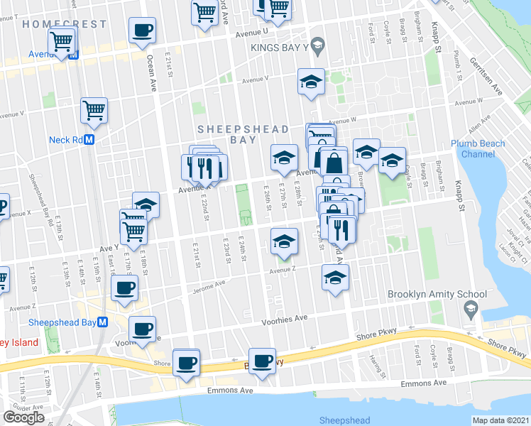map of restaurants, bars, coffee shops, grocery stores, and more near 2473 East 26th Street in Brooklyn