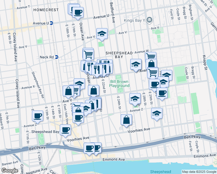 map of restaurants, bars, coffee shops, grocery stores, and more near 2464 East 23rd Street in Brooklyn