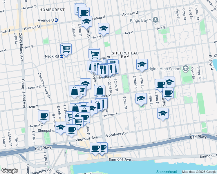 map of restaurants, bars, coffee shops, grocery stores, and more near 2499 East 21st Street in Brooklyn