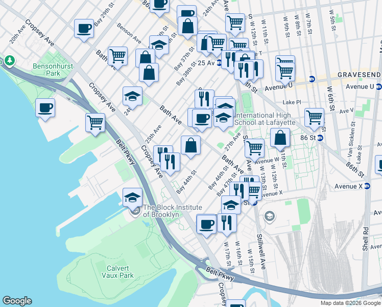 map of restaurants, bars, coffee shops, grocery stores, and more near 195 Bay 43rd Street in Brooklyn