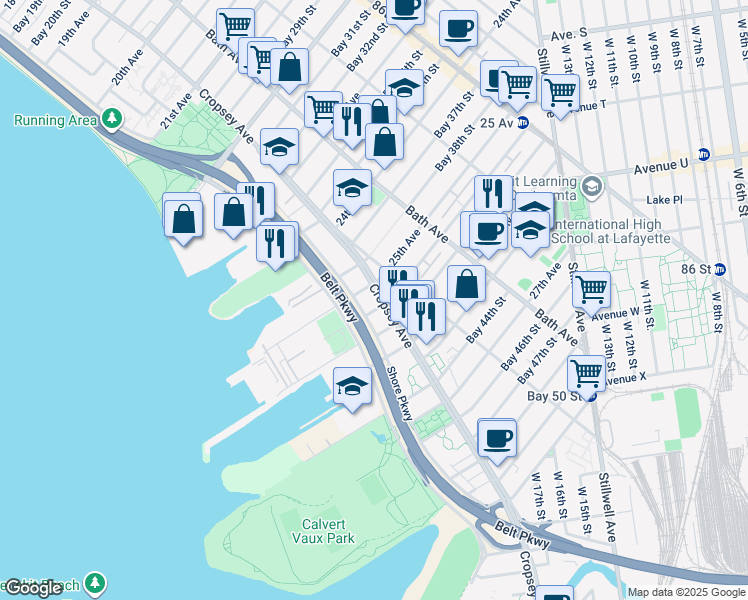 map of restaurants, bars, coffee shops, grocery stores, and more near 1843 Shore Parkway in Brooklyn