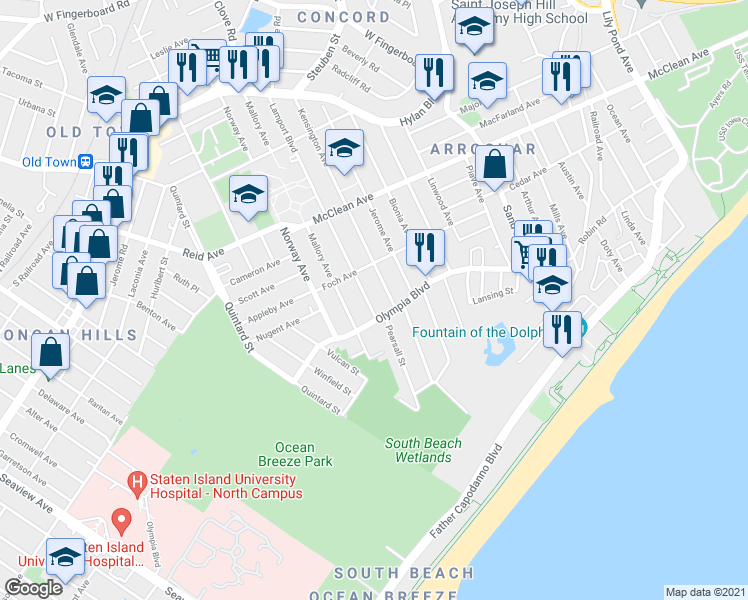 map of restaurants, bars, coffee shops, grocery stores, and more near 187 Olympia Boulevard in Staten Island