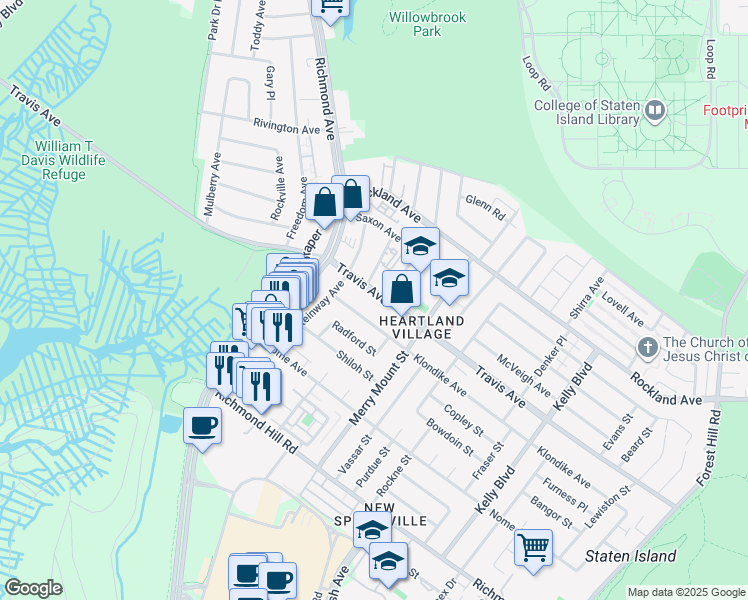 map of restaurants, bars, coffee shops, grocery stores, and more near 606 Travis Avenue in Staten Island