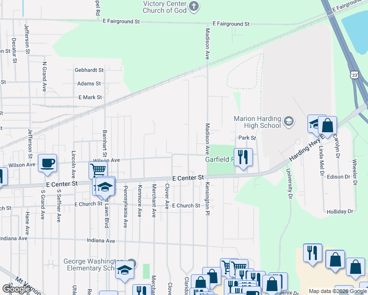 map of restaurants, bars, coffee shops, grocery stores, and more near 1172 Wilson Avenue in Marion