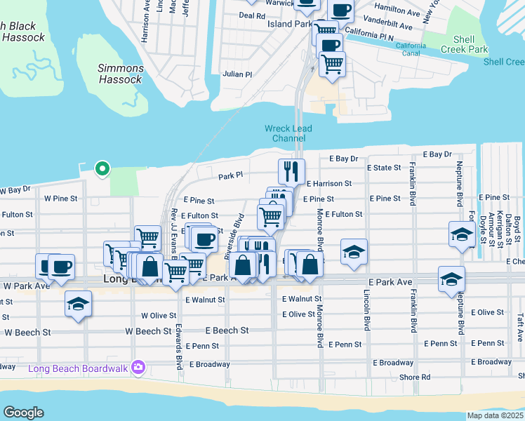 map of restaurants, bars, coffee shops, grocery stores, and more near 140 East Fulton Street in Long Beach