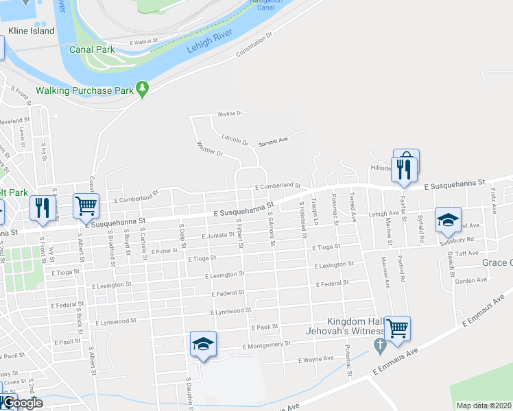 map of restaurants, bars, coffee shops, grocery stores, and more near 627 East Susquehanna Street in Allentown