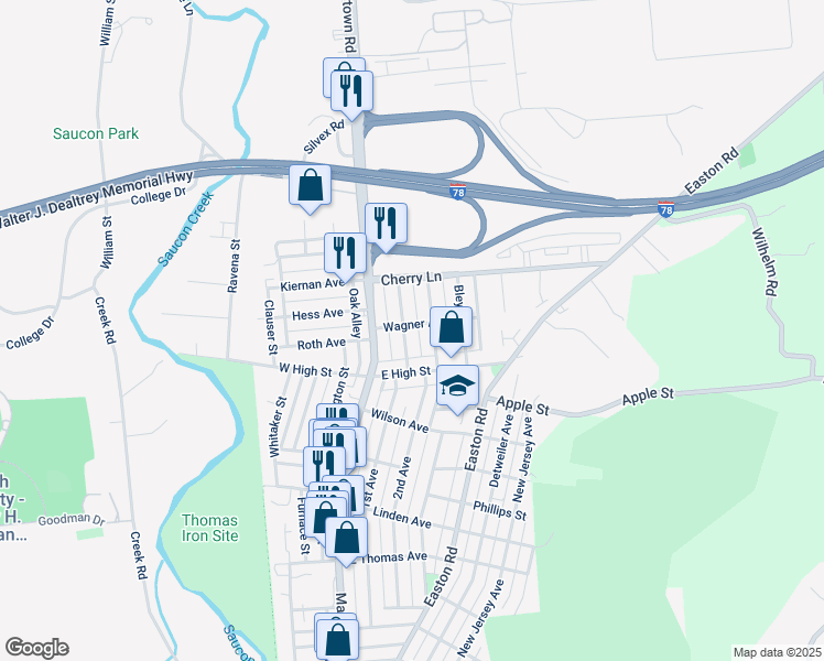 map of restaurants, bars, coffee shops, grocery stores, and more near 1563 Burkhardt Street in Hellertown