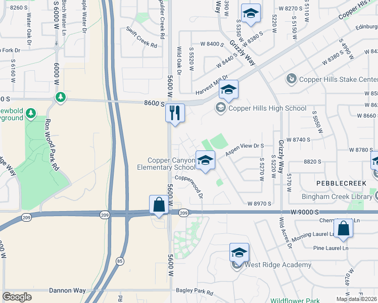 map of restaurants, bars, coffee shops, grocery stores, and more near 8769 Brown Park Drive in West Jordan