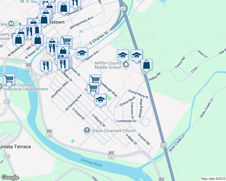 map of restaurants, bars, coffee shops, grocery stores, and more near 535 Lindbergh Way in Lewistown