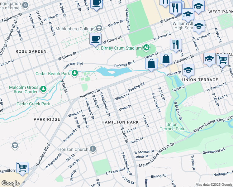 map of restaurants, bars, coffee shops, grocery stores, and more near 30 South Berks Street in Allentown