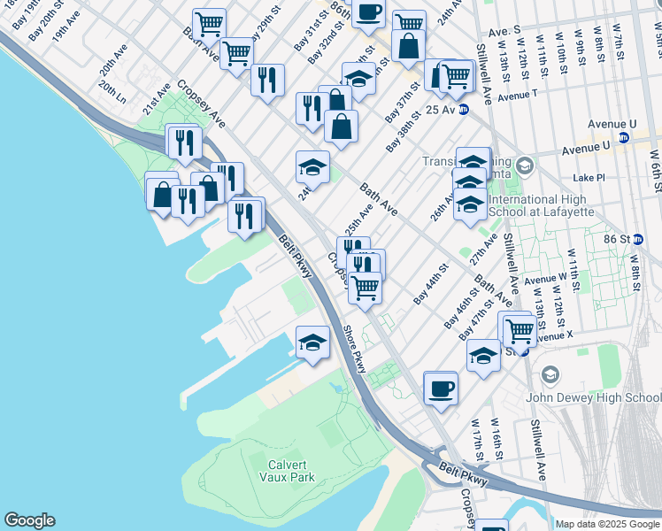 map of restaurants, bars, coffee shops, grocery stores, and more near 2516 Cropsey Avenue in Brooklyn