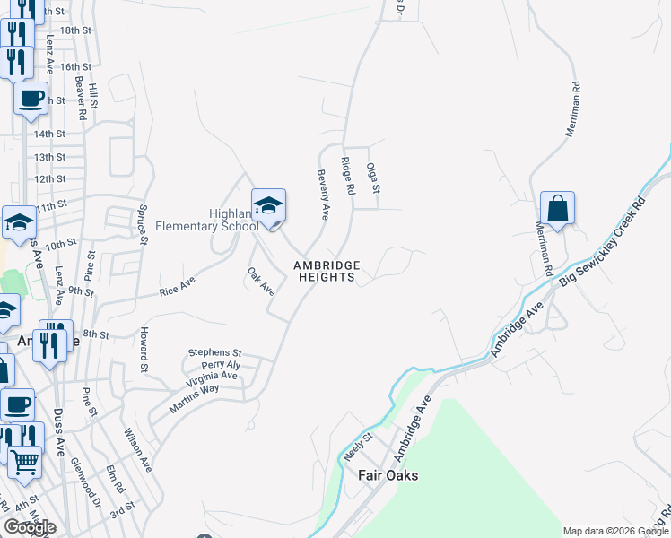 map of restaurants, bars, coffee shops, grocery stores, and more near 908 Ridge Road in Ambridge