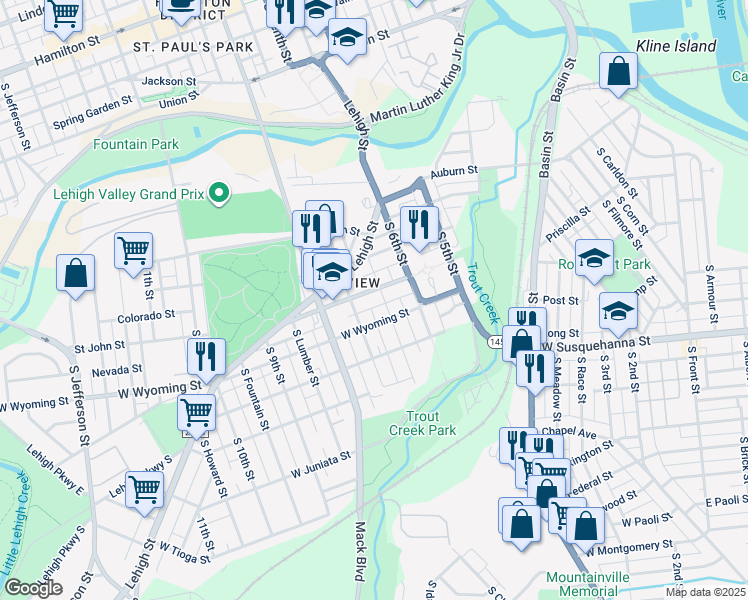 map of restaurants, bars, coffee shops, grocery stores, and more near 922 South 7th Street in Allentown