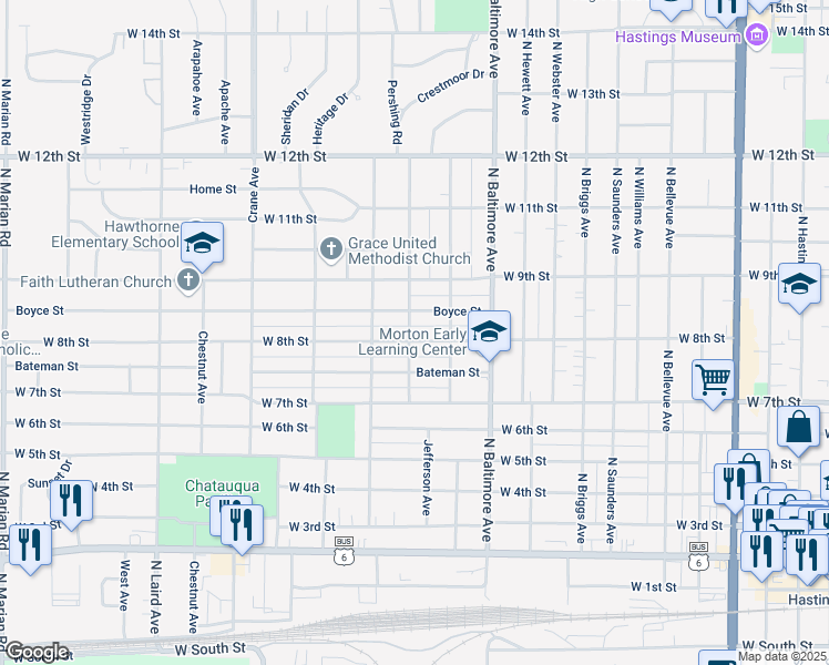map of restaurants, bars, coffee shops, grocery stores, and more near 1601-1699 W 8th St in Hastings
