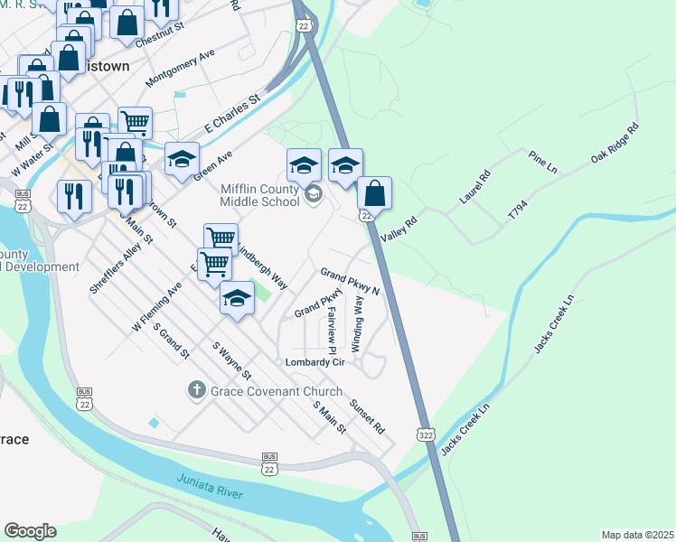 map of restaurants, bars, coffee shops, grocery stores, and more near 129 Grand Parkway North in Lewistown