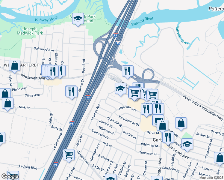 map of restaurants, bars, coffee shops, grocery stores, and more near 27 Wedgewood Drive in Carteret