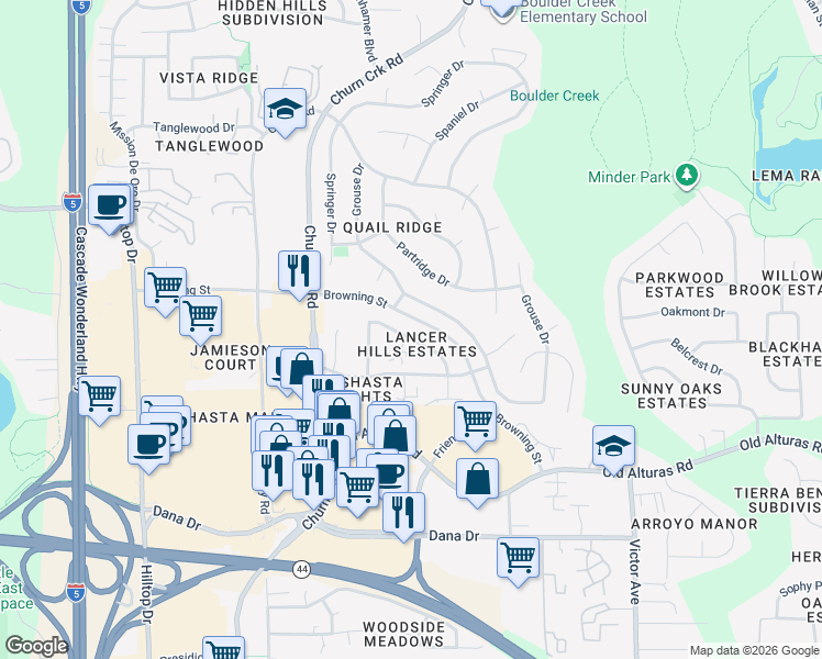 map of restaurants, bars, coffee shops, grocery stores, and more near 1056 Burton Drive in Redding