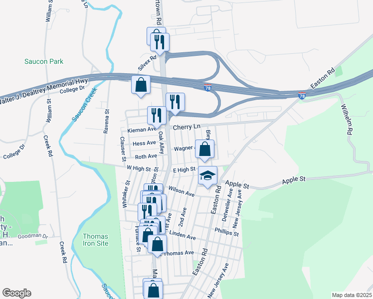 map of restaurants, bars, coffee shops, grocery stores, and more near 1563 Burkhardt Street in Hellertown