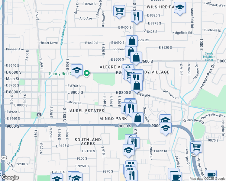 map of restaurants, bars, coffee shops, grocery stores, and more near 589 East 8800 South in Sandy