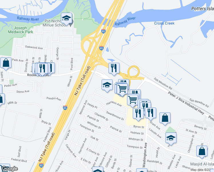 map of restaurants, bars, coffee shops, grocery stores, and more near 37 Wedgewood Drive in Carteret