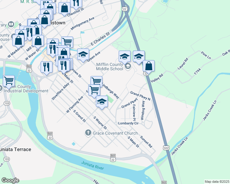 map of restaurants, bars, coffee shops, grocery stores, and more near 535 Lindbergh Way in Lewistown