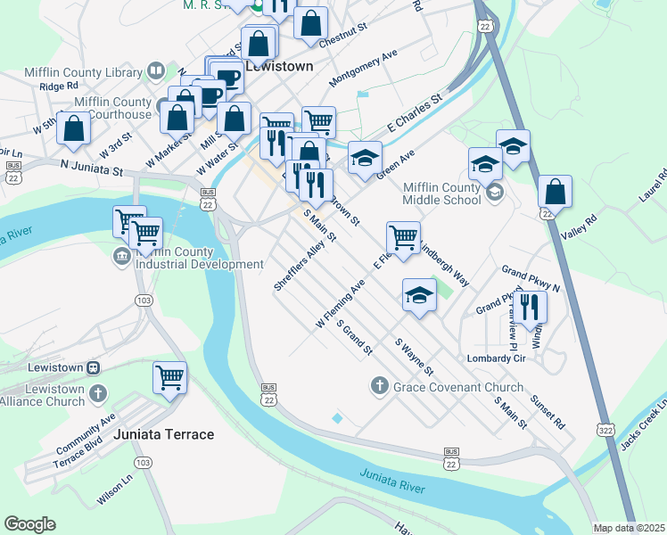 map of restaurants, bars, coffee shops, grocery stores, and more near in Lewistown