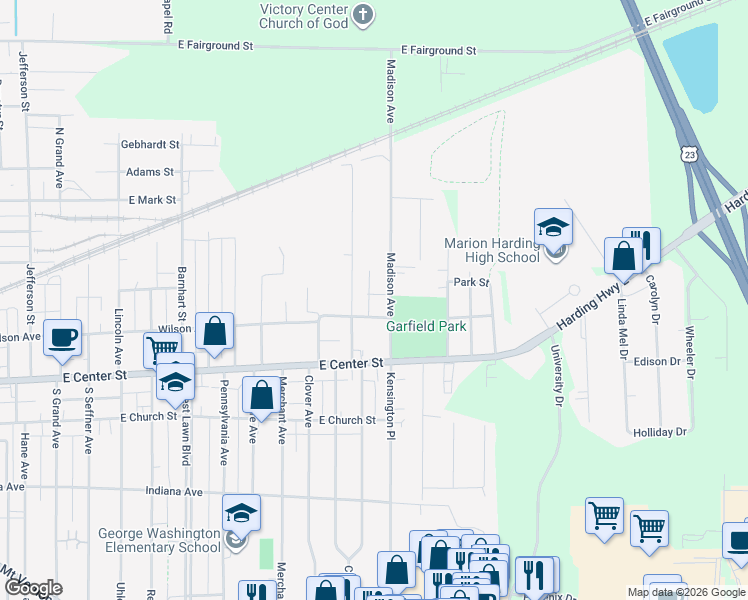 map of restaurants, bars, coffee shops, grocery stores, and more near 1228 Wilson Avenue in Marion